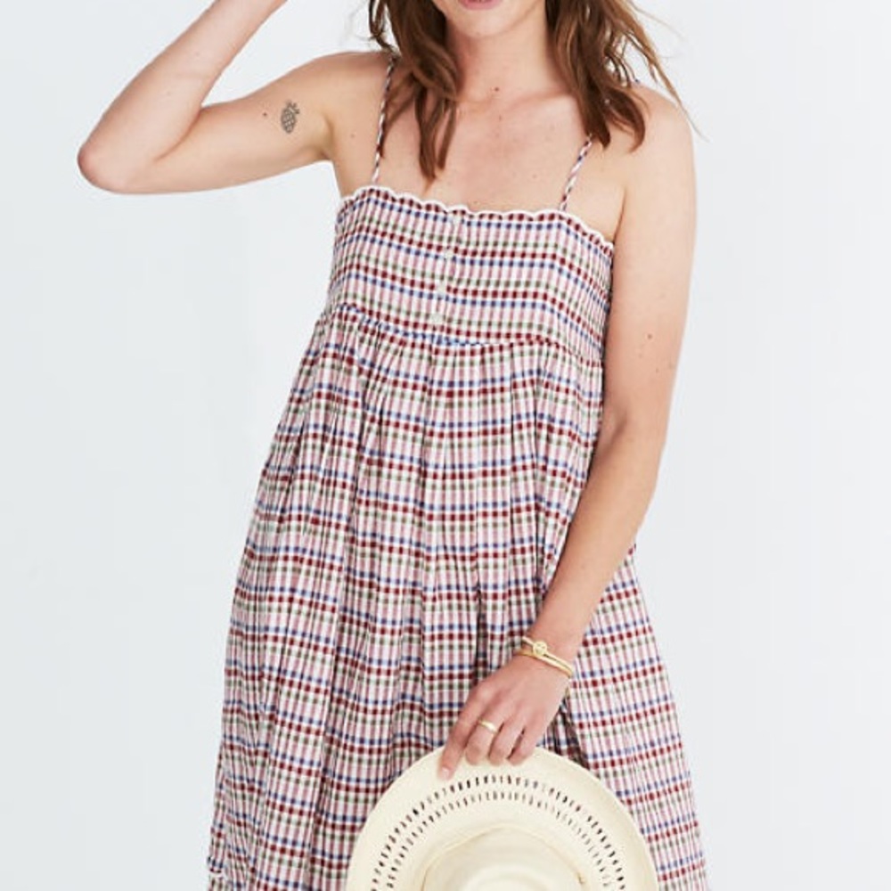 Madewell Scalloped Midi Dress in Rainbow Plaid